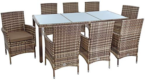 ESTEXO Ensemble de meubles de jardin en polyrotin 8 personnes avec coussins beige/marron