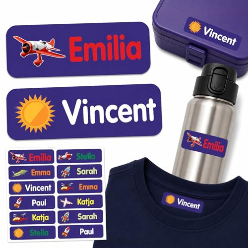 Indigos UG - Namensaufkleber Kinder Schule - 35–105 Sticker 35x10mm - Fliegen blau - Kindergarten - mit Wunschtext personalisierbar - wasserfeste Wäscheetiketten selbstklebend