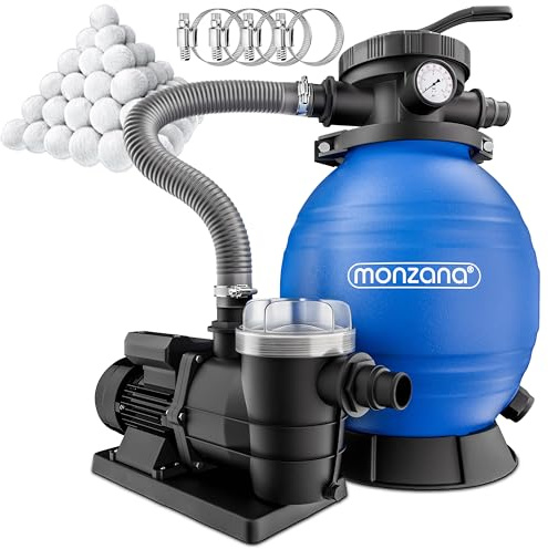 MONZANA® Pompe filtre à sable 9,6 m³ auto-amorçante pour piscines jusqu'à 30 m³ boules 1kg vanne 7 voies raccord 2en1 Ø32-38mm système de filtration à sable