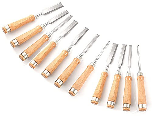 Stechbeitel Set mit 11 Stück Holzmeißel Chrom-Vanadium-Stahl-Holzmeißel Holzschnitzmeißel mit abgeschrägter Kante mit Holzgriff für Holzhandwerk DIY Holzbearbeitung Schnitzen