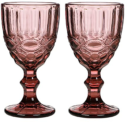 Dibor Wine Glass Set of 2 Pink Baroque Embossed 300ml Drink Goblets Alfresco Dining Glassware