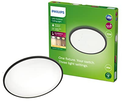 Philips LED SuperSlim Outdoor Ceiling Light 15W [Warm White - Black] Water Resistant IP54, For Garden, Patio and Terrace Lighting.