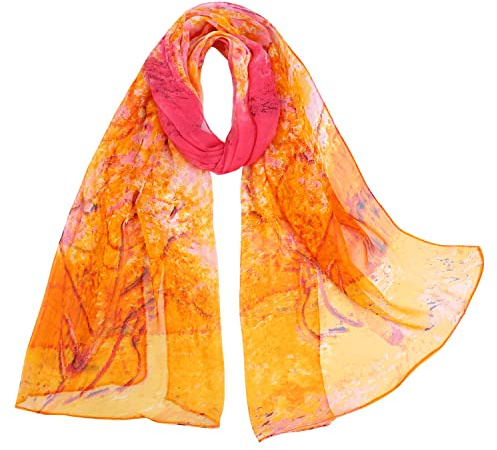 E-Clover Scarves for Women Lightweight Floral Print Scarf Fashion Chiffon Scarf Shawl Orange Pink Leaves Mothers Day Gifts