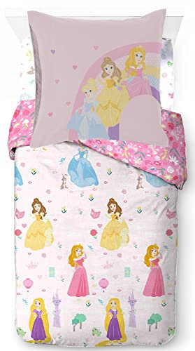 Disney Princess Cut Paper - Juego de ropa de cama de 3 piezas con funda nórdica de 135 x 200 cm, sábana bajera de 90 x 200 cm y funda de almohada de 80 x 80 cm, 100% algodón, tamaño cama individual