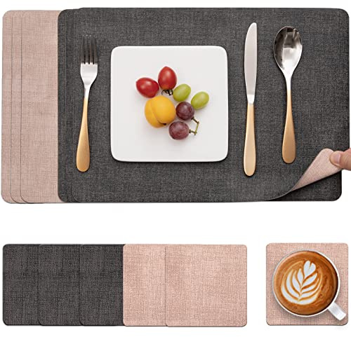 Myir JUN Tischsets Abwaschbar Leder und Untersetzer, Doppelseitigen Platzset rutschfest Platzdeckchen Kunstleder (Grau Pink, 6er Set)