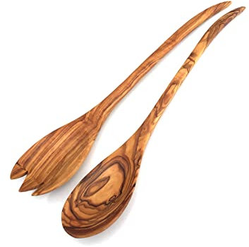 medina mood Set di 2 posate da insalata London lunghezza a scelta, cucchiai da salatra, realizzati a mano in legno d'ulivo (lunghezza 40 cm)