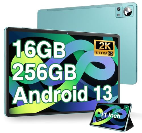 Tablette Android 13 OS 11 Pouces avec 16Go RAM 256Go ROM 1TB Extensible, 2K FHD Tablette avec Trois Caméras 5MP+13MP+2MP, 8 Cores 2.0 GHz, 5G WIFI, 8600 mAh, BT 5.0, GPS, Port Casque USB-C, Verte