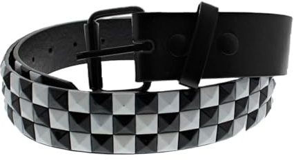 Unisex 3 Row Pyramid Studded Belt Bicolour Black and White Check Checkered Chessboard