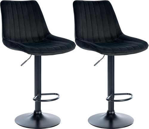 CLP 2er Set Barhocker Toni Samt I Höhenverstellbarer Barstuhl Mit Metallgestell I Thekenhocker Mit Integrierter Fußstütze, Farbe:schwarz, Material Gestell:Metall matt schwarz