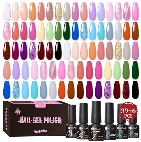 UR SUGAR UV-nagellacksset, 45 stycken gelnagellack med glansig matta topp och bas gel coat grå naken rosa glitter färggel för nagelstudio design start manikyr presentset 2