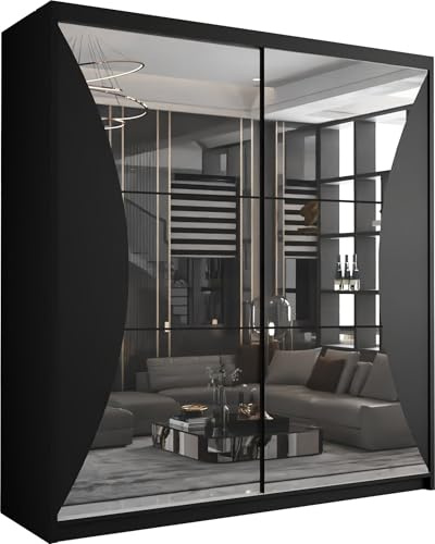 MN Furniture Double Mirror Sliding Door Wardrobe | MDF Chipboard | Full Length Mirror | Shelves & Hanging Rails | Grey Black or White | 150cm & 203cm | Bedroom Wardrobe (Black, 203)