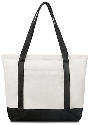 Greentique Canvas Tote Bag with Zipper and Zip Pockets Thick Canvas Durable Reusable Grocery Shopping Beach Bag Large Capacity Washable Shoulder Bag for Women Black White