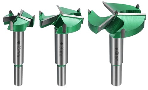 sourcing map 3pcs Forstner Drill Bit Set 1-3/8 1-31/32 2-3/8 (35mm 50mm 60mm) Carbide Upgraded 3 Flutes Wood Hinge Drill Bits Opener Cutter for Hole Drilling Woodworking, Green