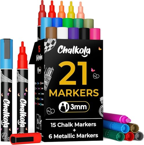 Chalkola Rotuladores de Tiza Extra Finos para Pizarra y Cristal (Pack de 21, Punta 3mm) | Marcadores para Ventanas, Rotuladores de Tiza Líquida para Pizarra Blanca, Coche, Calendario | Borrables