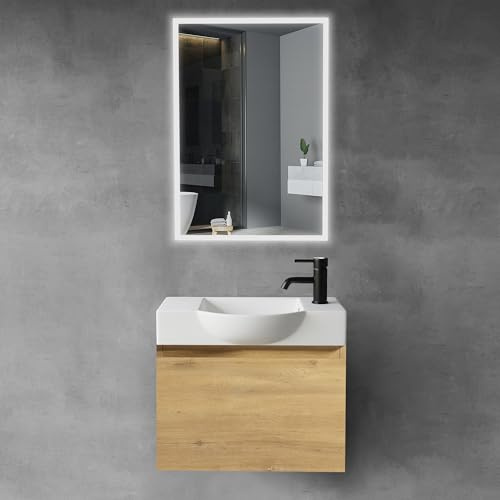 Alpenberger Badmöbel Set mit Waschbecken | Badschrank Hängend | Waschtisch mit Unterschrank | Badezimmerschrank mit Spiegel | Badmöbel für Kleine Bäder + Gäste WC | Waschtischunterschrank Eiche N