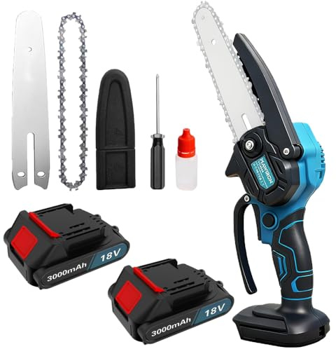 Mini Kettensäge mit Akku, 6 Zoll Akku Kettensäge mit 2 Akkus(3000mAh) und 2 Ketten, Sicherheitsverriegelung, Handsäge elektrisch für Gartenscheren Astschere Holzschneidenz