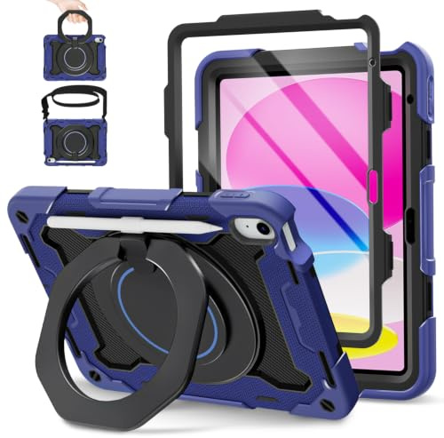 ROISKIN Hülle für iPad (A16) 11./10. Generation 11/10.9 Zoll 2025/2022 | mit Displayschutz,360° Drehbarer Ständer,Stifthalter,Schultergurt, Heavy Duty Stoßfeste iPad A16 Hülle für Kinder,Marineblau