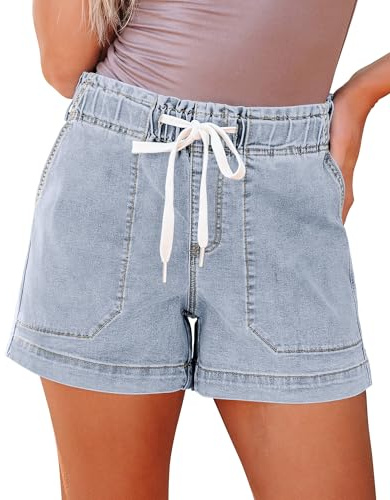 luvamia Womens Pull On Denim Shorts High Waisted Stretch Jorts Jean Shorts for Women Casual Summer Roadknight Blue Size Large US 12 to 14