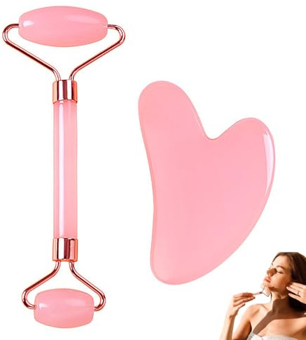Guasha Werkzeug Gesicht, Gesichtsrollen für Frauen, Jade Roller und Gua Sha Set, Gesichtsroller, für Frauen Mädchen Herren Hautpflege Gesicht Hals und Körper lindern Gesichtsverspannungen (Rosa)