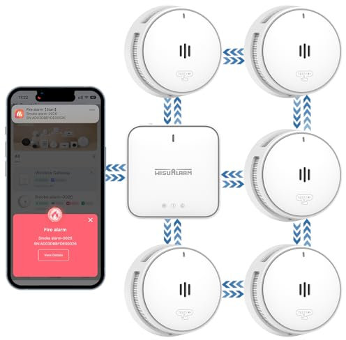 Rivelatore di fumo intelligente con stazione di base, allarme antifumo per la casa, sicurezza antincendio con notifica tramite app, batteria di 10 anni, EN14604 (5*allarme antifumo+1*portale)