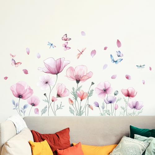 ANATTASOUL Rosa Blumen Wandtattoo für Küche | (2pcx90x30cm) Wandaufkleber Selbstklebend Kitchen Wand Sticker für Wohnzimmer, Schlafzimmer, Flur, Badezimmer