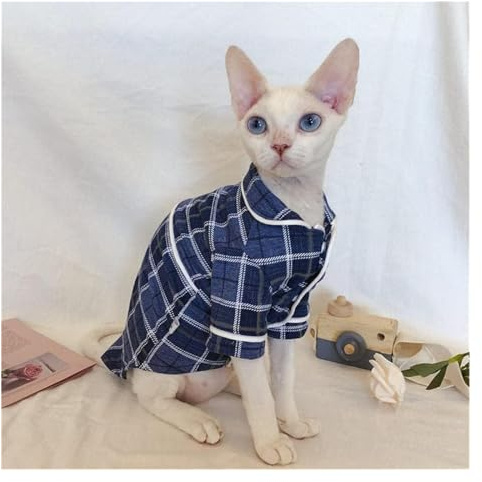 RoroCove Katzenbekleidung,Katzen Kleidung, Katzenkleidung, Sphynx-Katzenkleidung, Karierter Katzenpyjama aus Baumwolle(Blue,L)