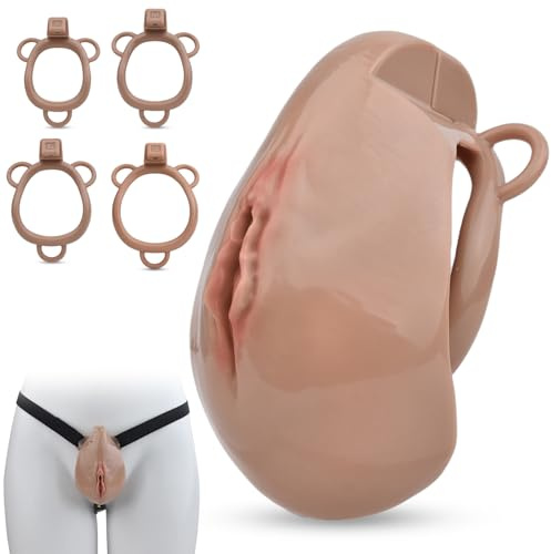 BDSMAGE Chastity Cage mit Vagina,Peniskäfig mit Schamlippen,Keuschheitskäfig Keuschheitsgürtel small für Crossdresser Gay Male,Sex Toyset Herren Penis Käfig mit 4 Cockringe extrem (Braun)