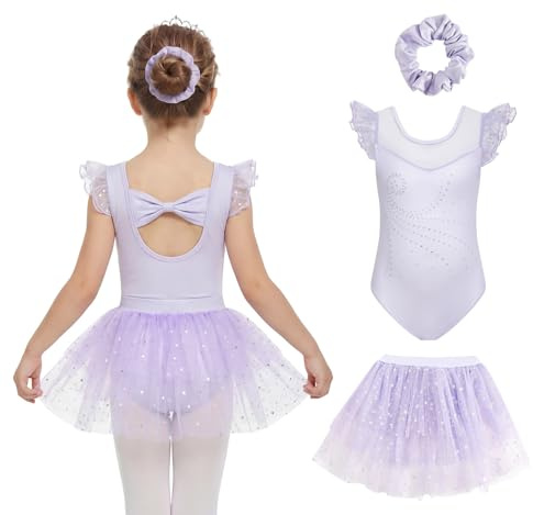 JiAmy Vestido de ballet para niña, mangas con volantes, vestido de ballet para niños, vestido de danza, vestido de bailarina con falda tutú para 3-10 años, morado, 9-10 años
