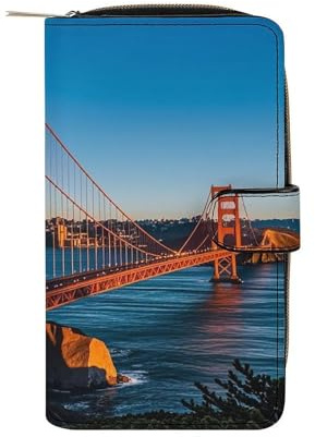 QMKFWT San Francisco Bay Bridge Portefeuille long en cuir pour chéquier classique à deux volets avec fenêtre pour carte d'identité