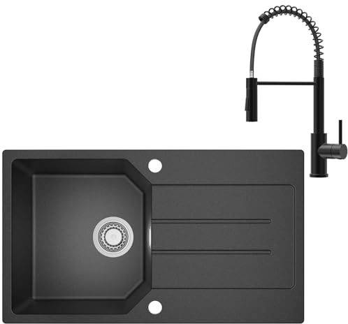 ANYCEE 78x45 cm Fregadero Granito con Grifo, Fregadero Negro 1 Seno con Escurridor para Armario bajo de Más de 45cm