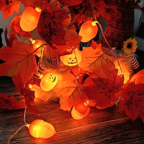 Guirlande lumineuse à piles pour décoration d'automne - 1,5 m - 10 LED - Feuille d'érable - Citrouille - Guirlande lumineuse d'automne - Pour fête, Halloween, fête de récolte, Thanksgiving