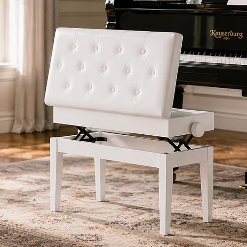 MAMIZO Sgabello Pianoforte Regolabile Altezza 72x33x58CM, Panca Pianoforte con Spazio Archiviazione, Sgabello per Pianoforte Carico Massimo 200KG, 4 PCS Gambe Pianoforte Legno Massello, Bianco