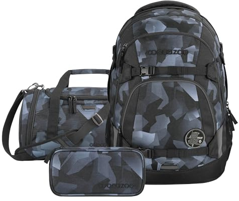 coocazoo Schulrucksack-Set Mate „Grey Rocks“ 3-TLG., schwarz, ergonomischer 30L Tornister, höhenverstellbar mit Hüftgurt für Kinder ab der 5. Klasse, inkl. Federmäppchen und Sporttasche