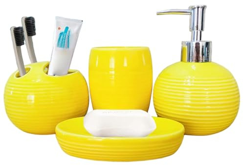 4Pcs/Set Yellow Bathroom Accessories Ceramic Vibrant Soap Dispenser with Toothbrush Holder & Soap Dish & Cup Complete Toothbrush Holder Set