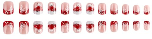 Lot de 24 faux ongles festifs en forme de flocon de neige à coller sur les faux ongles de Noël pour fêtes et célébrations
