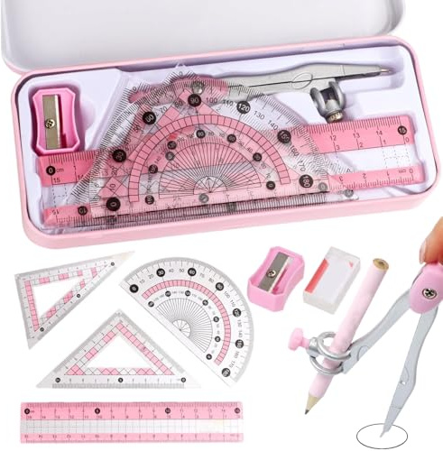 Set goniometro e compasso, 8 pezzi/set strumenti di geometria con scatola portaoggetti in metallo, pratico kit da disegno con righelli goniometro e bussola per l'aula