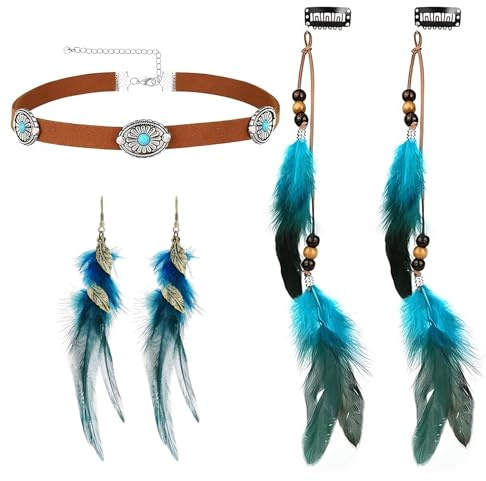 Indianer KostüM Damen,4-Tlg Indianischer Schmuck Set - 2 Feder Haarschmuck Clips,Brauner Leder Choker,Feder Ohrringe,Vintage BöHmisch Stil,34cm Haarextension 14-18cm Verstellbarer Choker