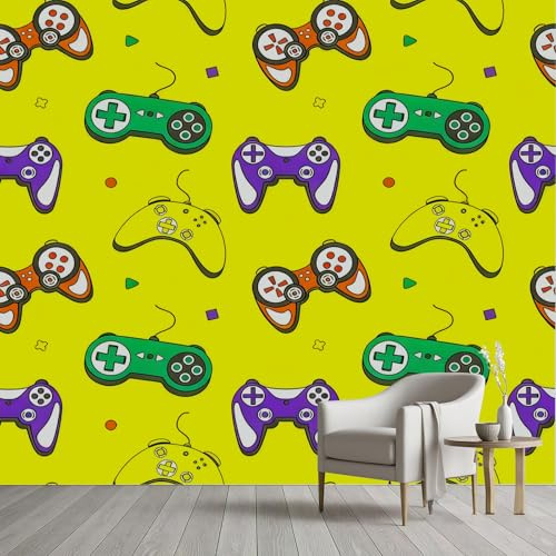 Pggong Papier Peint Gamer Gaming Console Gamepad Jaune Papier Peint Garçon Fille Adolescent Poster Panoramique Mural pour Salon Chambre Décoration Murale Film Adhesif Meuble 200x150 cm
