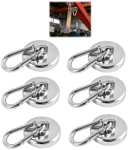 6 Stück Magnethaken, Magnetische Haken, extra stark, Neodym Magnethaken mit Karabiner bis 42 kg, abnehmbarer Haken für Metallflächen ohne Bohren, robust für Küche, Garage, Büro und Werkstatt