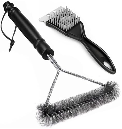 BBQ Cleaner, 2-Pack Metal BBQ Grill Cleaning Brushes with Scraper, 12 & 8 Stainless Steel Barbecue Bristle 2-in-1 Brush Set for Grill, Oven & Kitchen
