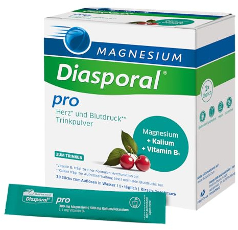 Magnesium-Diasporal Pro Herz* und Blutdruck** Trinkpulver - 30 Sticks | Trinkpulver mit Magnesiumcitrat, Kalium, Vitamin B1 | für Herz* und Blutdruck** | vegan, zuckerfrei, glutenfrei