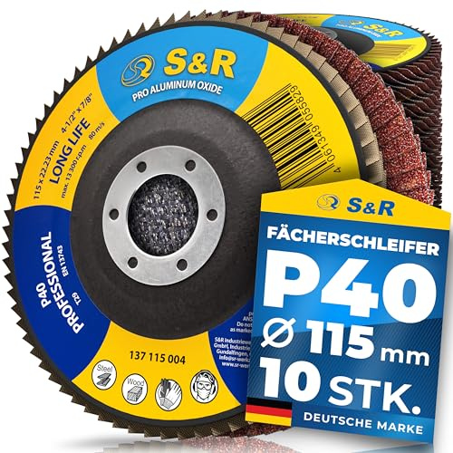 S&R Fächerschleifscheiben 115, Schruppscheiben 115-Metall, Schleifscheiben 115mm, Fächerscheiben 115 mm, Fächerscheiben 115-Holz, Lamellenscheibe | P40 | zum Entrosten und abtragen von Farbe & Lack