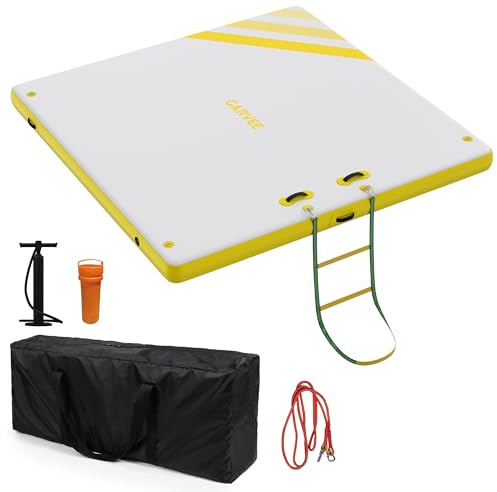 Lidzopas rutschfeste aufblasbare Schwimmplattform – Stabiles Floating Dock mit Tragetasche & Seilleiter – Für See, Pool, Strand oder Boot – Inkl. Pumpe – Für mehrere Personen – Gelb – 3 m x 1,8 m