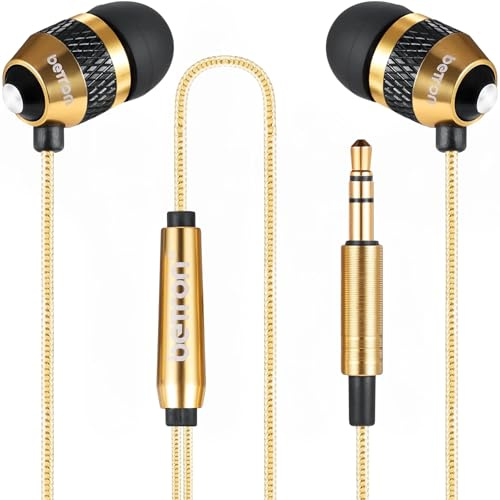 Betron B25 Earphones, In-Ear Wired Headphones, Gold | 3.5mm Jack, Strong Bass, Tangle-Free Cord, Lightweight, Carry Case and Soft Earbud Tips, Noise Isolating