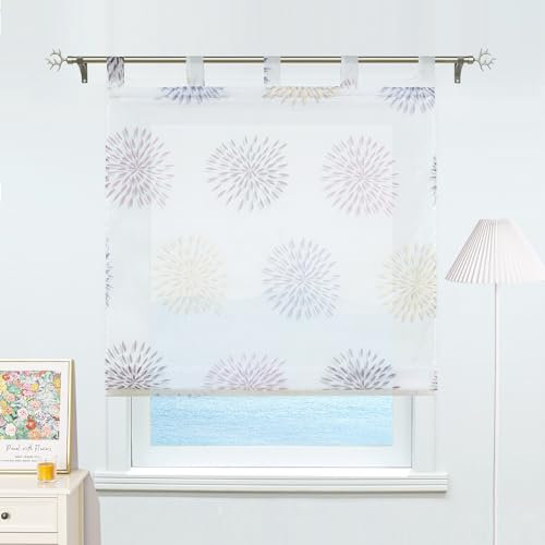 ESLIR Raffrollo mit Schlaufen Gardinen Küche Raffgardinen Transparent Schlaufenrollo Vorhänge Kreis-Motiven Modern Voile Lila BxH 120x140cm 1 Stück