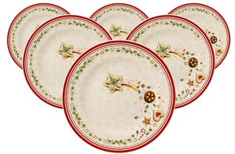 Villeroy & Boch Winter Bakery Delight Frühstücksteller Sternschnuppe 6er Set, 21,5 cm, Dessertteller mit bunten Weihnachtsmotiven, Premium Porzellan, Weiß/Rot/Beige