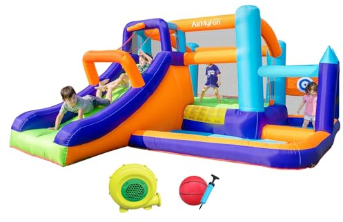AirMyFun Bounce House Inflatable Bouncer with Long Curved Slide for Kids with Blower, Family Backyard Bouncy Castle with Fun Doorway Tunnel, Climbing Wall and Ball Shooting (High End)