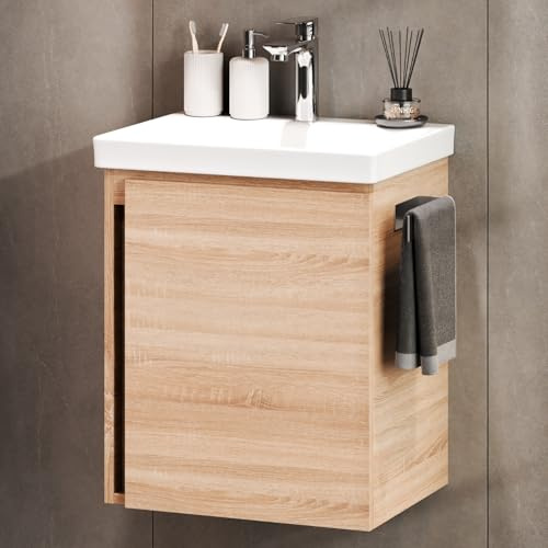 Planetmöbel lavabo avec Meuble Bas 50 cm, Meuble sous-Vasque Suspendu, Fermeture amortie, Ensemble de Meubles de Salle de Bain, chêne Sonoma