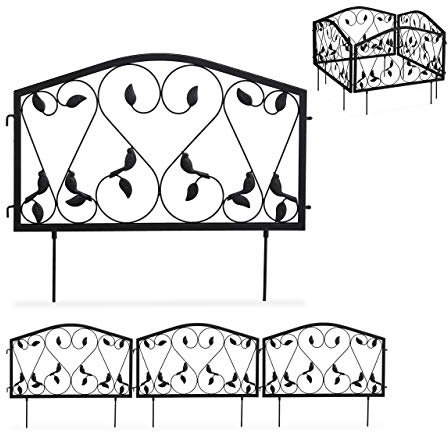 4x Pareti per Recinzione da Giardino, Bordure per Aiuole, Sentieri, in Ferro, Design a Foglie, HxL: 33 x 225 cm, Nero