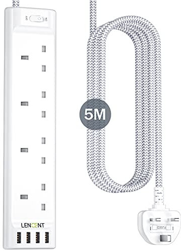 LENCENT 5M Extension Lead with USB Slots, 4 Way Outlets Power Strip with 4 USB Ports, Multi Power Plug Extension with 5M Braided Extension Cord for Home Office, 3250W 13A